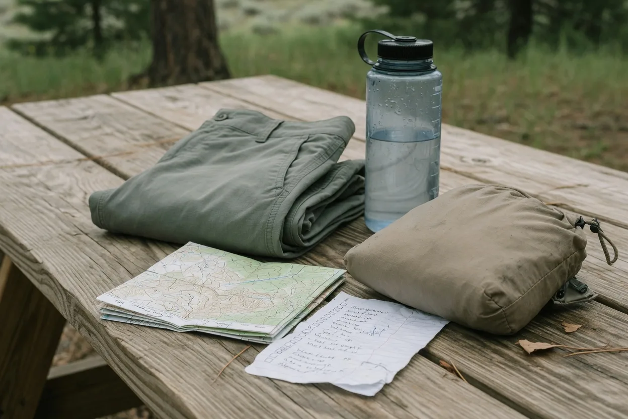 Editorial photograph of hiking pants, a packing checklist, and a compact shelter bag on a wooden table